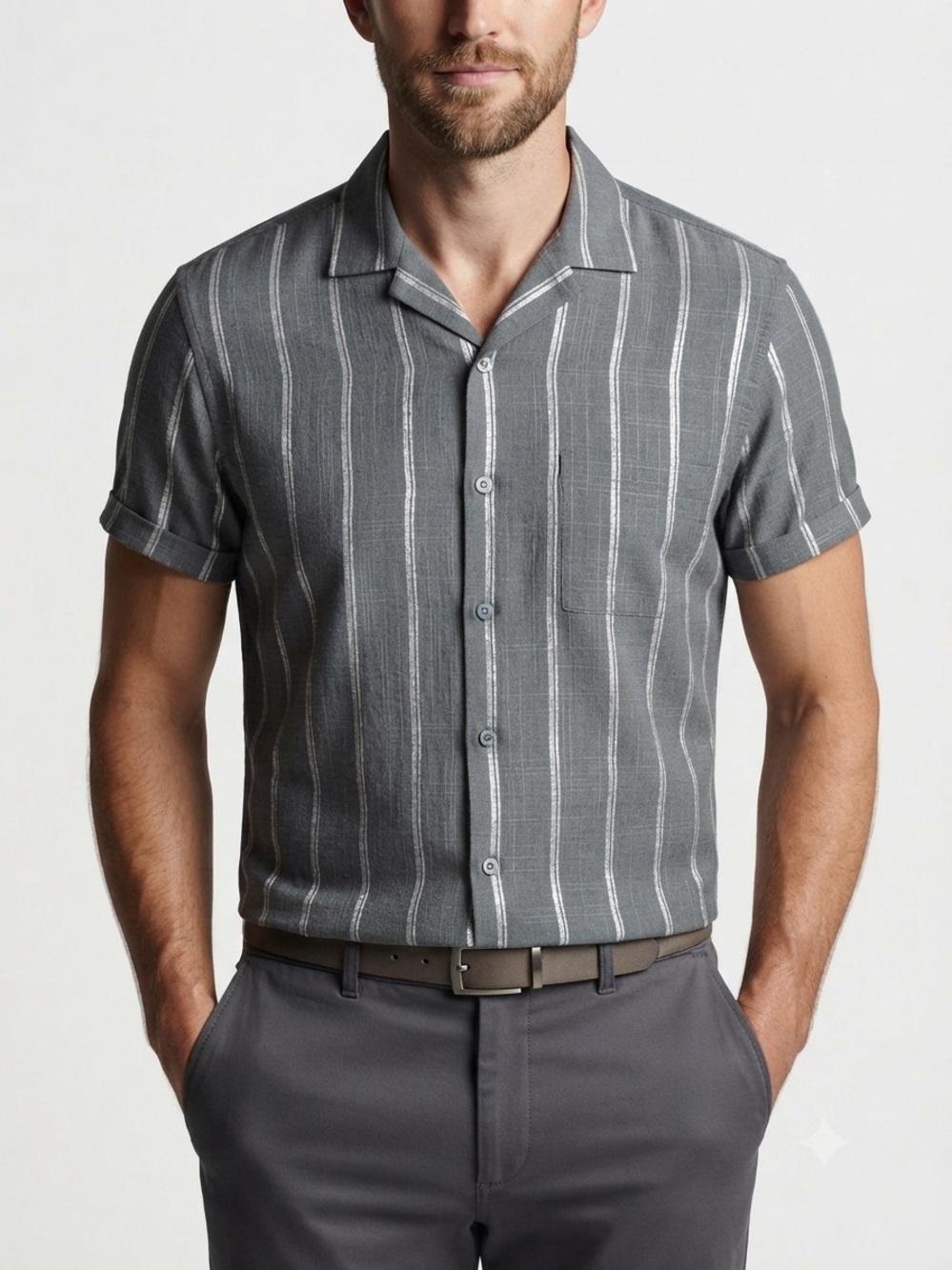 Elliot Pierce Men's Gray Striped Short Sleeve Button-Down Shirt – Size Small